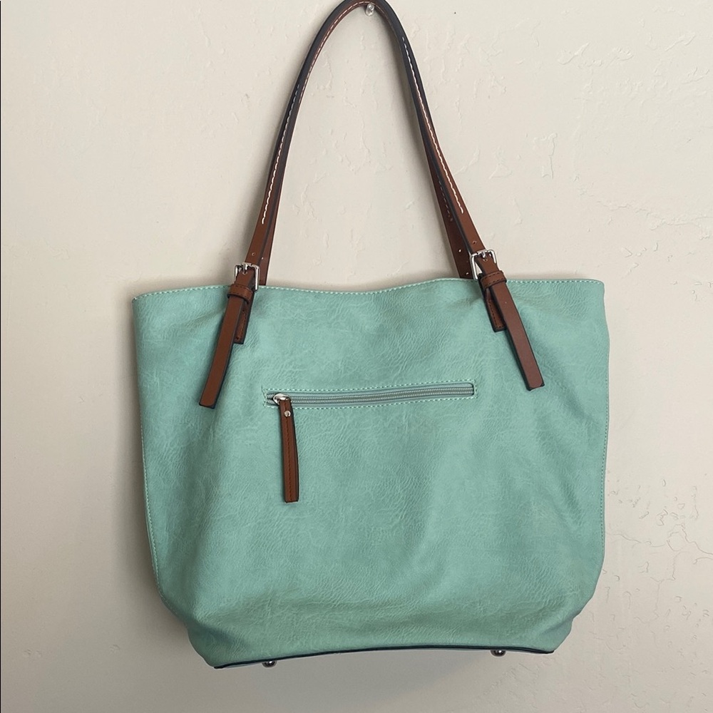 Elegant Aqua Tote Bag with Brown Straps